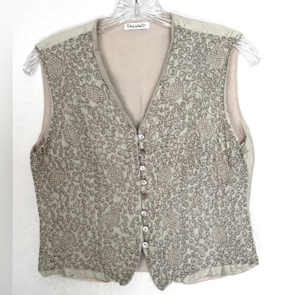 Tahari Vintage Beaded Front 100% Silk Vest